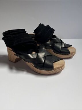 Free People Emmy Ankle Wrap Clog Sandal EU 37 US 7 Black Leather Wood